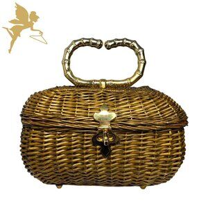 SUPER RARE VINTAGE 1950s Basketweave Box Bag With Metallic Bamboo Handle